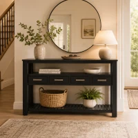 Large Entryway Console with 4 Drawers and 3-Tier Shelves, Sturdy Table with Metal Handlesand Adjustable Feet, 62'' L x 14'' W x 32'' H, Black(m-1)