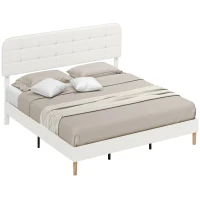 HOMCOM King Size Bed Frame with Adjustable Headboard Upholstered Platform Bed Frame with Wood Slat Support Noise Free White(m-9)