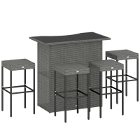 Outsunny 5 Piece Rattan Wicker Bar Set, High Top Outdoor Table and Chairs, Bar Height Patio Set, 2 Shelves & 4 Bar Stools, Gray(m-11)