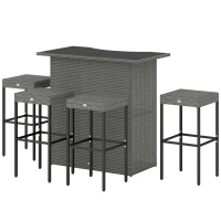 Outsunny 5 Piece Rattan Wicker Bar Set, High Top Outdoor Table and Chairs, Bar Height Patio Set, 2 Shelves & 4 Bar Stools, Gray(m-1)