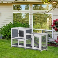 PawHut Wooden Rabbit Hutch Bunny Hutch Elevated Pet House Cage Small Animal Habitat with No Leak Tray Lockable Door Openable Top for Rabbits, Chickens, Ducks, Indoor 57.75" x 18" x 32.5" Gray(m-10)