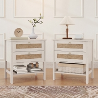 HOMCOM Set of 2 Boho Bedside Tables, Rattan Nightstands with 2 Drawers, Storage Shelf, End Side Tables for Bedroom, White Oak