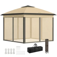 Outsunny 11' x 11' Pop Up Gazebo, Double Roof Foldable Height Adjustable Canopy Tent with Mesh Sidewalls, Carrying Bag, Beige(m-2)