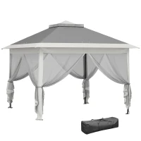 Outsunny 11' x 11' Pop Up Gazebo, Double Roof Foldable Height Adjustable Canopy Tent with Mesh Sidewalls, Carrying Bag, Dark Grey(m-9)