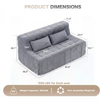 Cozy Modular Accent Chair with High-Resilience Sponge, Easy-Clean Couch with Detachable Cover and Anti-Slip Bottom, 63"L x 36"W x 29"H, Gray(m-1)