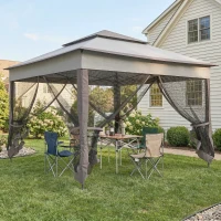 Outsunny 11' x 11' Pop Up Gazebo 2-Tier Soft Top Shelter Event Tent w/ Netting Carry Bag for Patio Backyard Garden, Mixed Grey(m-1)