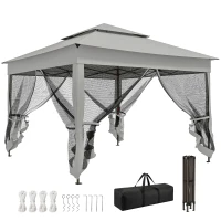 Outsunny 11' x 11' Pop Up Gazebo 2-Tier Soft Top Shelter Event Tent w/ Netting Carry Bag for Patio Backyard Garden, Light Grey(m-9)