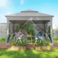 Outsunny 11' x 11' Pop Up Gazebo 2-Tier Soft Top Shelter Event Tent w/ Netting Carry Bag for Patio Backyard Garden, Light Grey(m-7)
