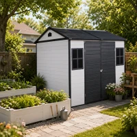 Resin Outdoor Storage Shed with Floor, Lockable Door and Windows, Outbuilding for Garden Hobbyists, 96'' L x 75'' W x 85'' H, Grey+White(m-1)
