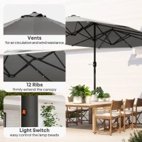 Outsunny 173" Double-Sided Sun Umbrella Garden Parasol Patio Sun Shade Outdoor with LED Solar Light, No Base Included, Dark Gre(m-5)