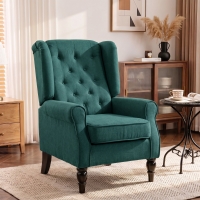 HOMCOM Fabric Accent Chair, Button Tufted Armchair, Armchair with Wood Legs, Thick Padding for Bedroom Dark Green