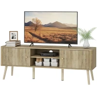 HOMCOM TV Stand for 65 Inch Television, Entertainment Center with Adjustable Shelves and Pine Wood Legs for Living Room, Oak(m-2)
