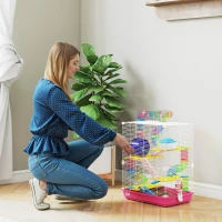 PawHut 5 Tiers Hamster Cage Portable Animal Travel Carrier w/ Exercise Wheels Tube, Pink(m-9)