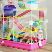 PawHut 5 Tiers Hamster Cage Portable Animal Travel Carrier w/ Exercise Wheels Tube, Pink(m-8)