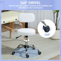 HOMCOM Adjustable Rolling Stool with Removable Backrest, Faux Leather Swivel Stool Chair for Salon Spa, Bar, Massage, White(m-5)