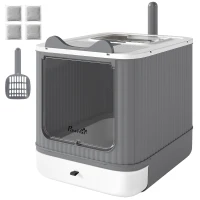 PawHut Litter Box with Lid, Enclosed Kitty Litter Box with Front-Entry, Top-Exit, Scoop, Deodorizer Bag for Medium Cats, White(m-2)