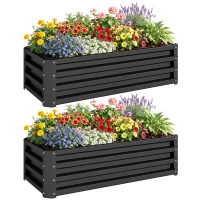Outsunny Galvanized Raised Garden Beds, Outdoor Planter Box, Set of 2, for Flowers, Herbs and Vegetables, Black(m-9)