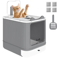 PawHut Cat Litter Box with Lid, Enclosed Litter Box for Medium Cats, Front-Entry and Top-Exit, Scoop, Deodorizer Bag, White(m-11)