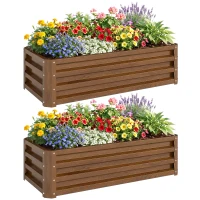 Outsunny Galvanized Raised Garden Beds, Outdoor Planter Box, Set of 2, for Flowers, Herbs and Vegetables, Brown Wood Effect(m-9)