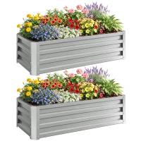 Outsunny Galvanized Raised Garden Beds, Outdoor Planter Box, Set of 2, for Flowers, Herbs and Vegetables, Silver(m-9)