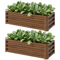 Outsunny Galvanized Raised Garden Beds, Outdoor Planter Box, Set of 2, for Flowers, Herbs and Vegetables, Brown Wood Effect(m-2)