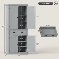 HOMCOM 72.5" Kitchen Cabinet, Pantry Storage Cabinet with Doors and Shelves, Freestanding Food Pantry Cabinet, Gray(m-3)