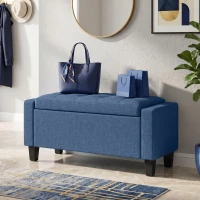 HOMCOM Storage Ottoman, Storage Bench with Wooden Legs, Tufted Armrests for Entryway, Living Room, Bedroom, 36.6", Blue(m-2)