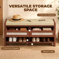 HOMCOM Shoe Bench with Cushioned Seat Shoe Storage Bench with 2 Rattan Drawers and Open Shelf Brown(m-5)