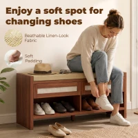 HOMCOM Shoe Bench with Cushioned Seat Shoe Storage Bench with 2 Rattan Drawers and Open Shelf Brown(m-7)