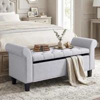 HOMCOM 47" Storage Ottoman Bench, Tufted End of Bed Bench with Rolled Arms, Safety Hinge, Wood Legs for Bedroom, Light Gray(m-2)