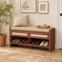HOMCOM Shoe Bench with Cushioned Seat Shoe Storage Bench with 2 Rattan Drawers and Open Shelf Brown(m-2)