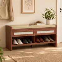 HOMCOM Shoe Bench with Cushioned Seat Shoe Storage Bench with 2 Rattan Drawers and Open Shelf Brown(m-10)