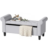 HOMCOM 47" Storage Ottoman Bench, Tufted End of Bed Bench with Rolled Arms, Safety Hinge, Wood Legs for Bedroom, Light Gray(m-1)