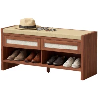 HOMCOM Shoe Bench with Cushioned Seat Shoe Storage Bench with 2 Rattan Drawers and Open Shelf Brown(m-1)