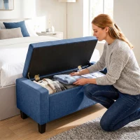 HOMCOM Storage Ottoman, Storage Bench with Wooden Legs, Tufted Armrests for Entryway, Living Room, Bedroom, 36.6", Blue(m-8)