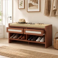 HOMCOM Shoe Bench with Cushioned Seat Shoe Storage Bench with 2 Rattan Drawers and Open Shelf Brown(m-8)