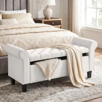 HOMCOM 47" Storage Ottoman Bench, Tufted End of Bed Bench with Rolled Arms, Safety Hinge, Wood Legs for Bedroom, Cream White(m-10)