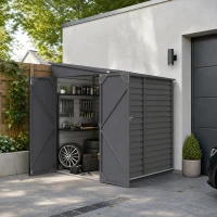 Outsunny 4.6' x 9' Outdoor Storage Shed, Lean to Metal Shed with Foundation Kit, Lockable Doors and Gloves for Patio, Lawn, Dark Gray(m-8)
