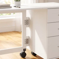 HOMCOM Computer Desk Foldable Top Office Desk 3 Drawers, 4 Lockable Wheels, White Wood Grain(m-10)
