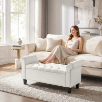 HOMCOM 47" Storage Ottoman Bench, Tufted End of Bed Bench with Rolled Arms, Safety Hinge, Wood Legs for Bedroom, Cream White(m-8)
