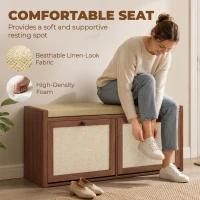 HOMCOM Shoe Storage Bench with Padded Seat, Shoe Storage Bench 2 Rattan Doors for Entryway, Brown(m-7)