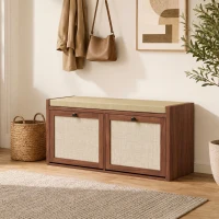 HOMCOM Shoe Storage Bench with Padded Seat, Shoe Storage Bench 2 Rattan Doors for Entryway, Brown(m-9)