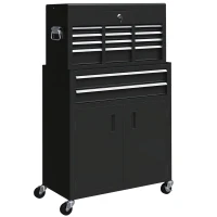 HOMCOM 6-Drawer Rolling Tool Chest, 2 in 1 Lockable Storage Cabinet with Hooks, Metal Tool Box for Garage, Workshop, Black(m-9)