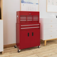 HOMCOM 6-Drawer Rolling Tool Chest, 2 in 1 Lockable Storage Cabinet with Hooks, Metal Tool Box for Garage, Workshop, Red(m-8)