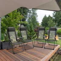 Outsunny Set of 4 Folding Patio Chairs, Camping Chairs with Adjustable Sling Back, Removable Headrest, Armrest for Garden, Backyard, Lawn, Black(m-10)
