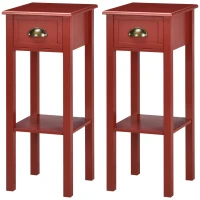 HOMCOM 2-Tier Nightstand, Side Table with Drawer and Shelf for Living Room or Bedroom, Set of 2, Red(m-1)