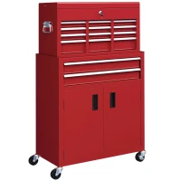 HOMCOM 6-Drawer Rolling Tool Chest, 2 in 1 Lockable Storage Cabinet with Hooks, Metal Tool Box for Garage, Workshop, Red(m-9)