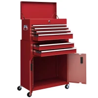 HOMCOM 6-Drawer Rolling Tool Chest, 2 in 1 Lockable Storage Cabinet with Hooks, Metal Tool Box for Garage, Workshop, Red(m-2)