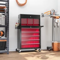 HOMCOM 14 Drawer Rolling Tool Chest, Lockable Tool Storage Cabinet with Detachable Top Toolbox, Protective Liner, Red(m-1)