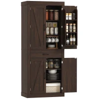 HOMCOM 72" Kitchen Pantry Cabinet, Farmhouse Kitchen Storage Cabinet with 4 Barn Doors, 6 Door Shelves, Drawer, Brown(m-9)